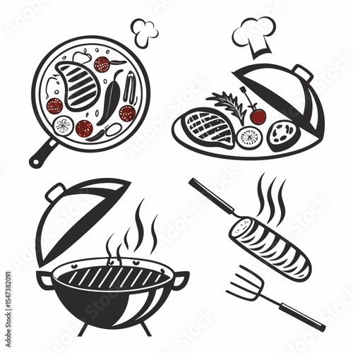 Delicious grilled food icons set steak vegetables barbecue
