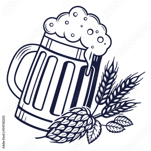 Frothy beer mug with wheat and hops illustration