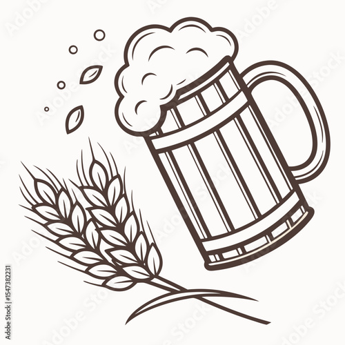 Wooden beer mug with wheat and foam design element