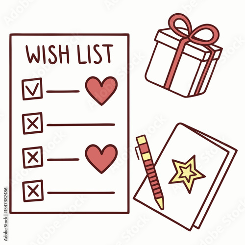 Cute wishlist illustration with gift box and card