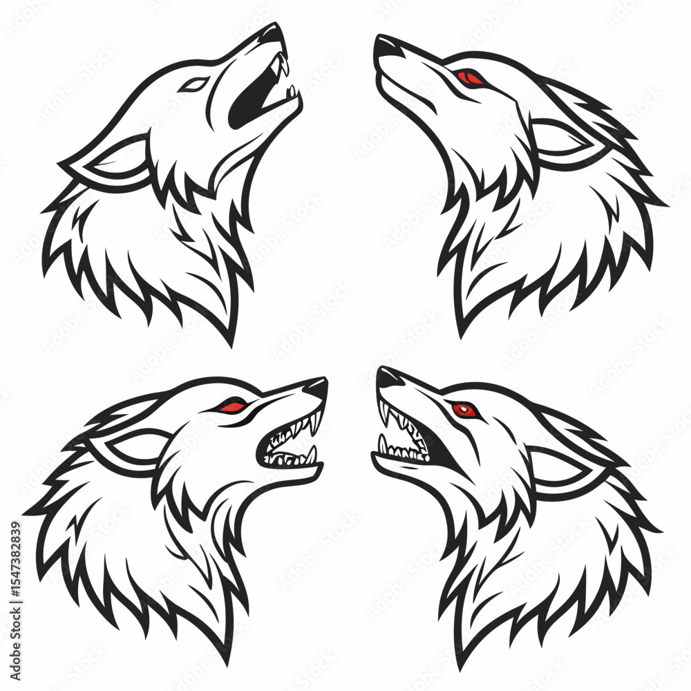 Obraz premium Four stylized wolf heads howling and snarling design elements