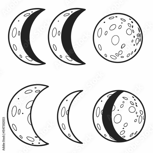 Moon phases illustration set crescent full gibbous black and white