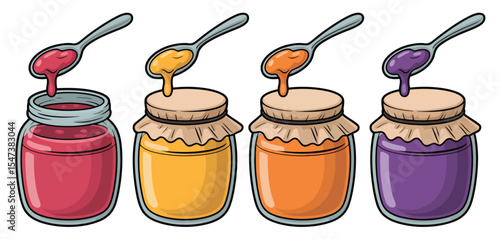 Four Jars of Colorful Fruit Preserves with Spoons
