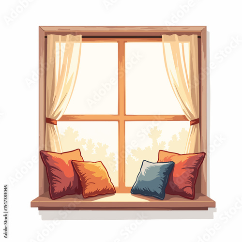 Cozy window seat with books and pillows bathed in warm sunlight. Comfortable reading nook features colorful cushions and stacked books, perfect for relaxing afternoons.