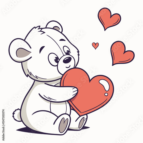Adorable polar bear cub holding big heart valentines day
