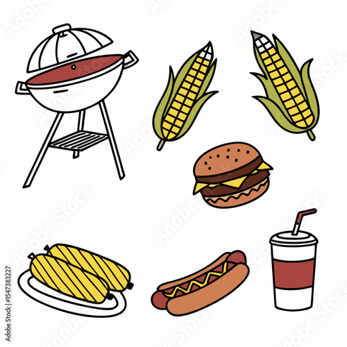 Delicious bbq grill food corn hotdog burger soda