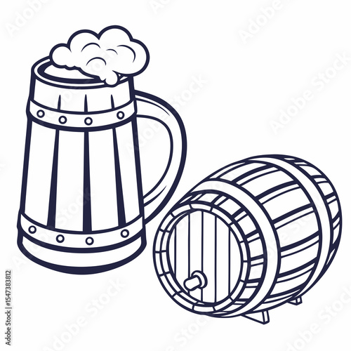 Wooden beer stein and barrel illustration