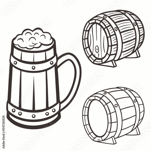 Wooden beer mug and barrels illustration