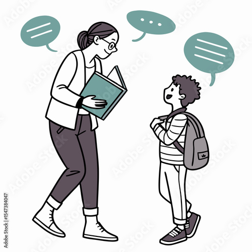 Teacher and student talking book discussion education learning
