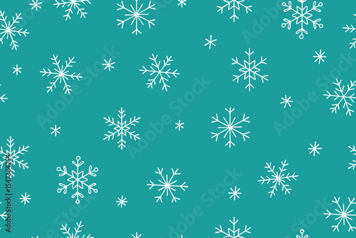 Seamless pattern with black snowflakes on white background. Flat line snowing icons, cute snow flakes repeat wallpaper. Nice element for christmas banner, wrapping. New year traditional ornament.