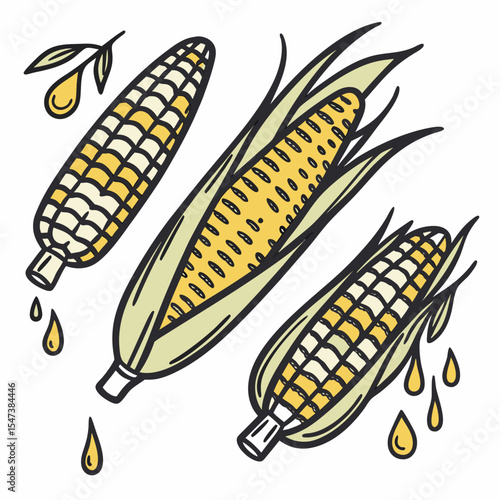 Three corn cobs with dripping corn oil illustration