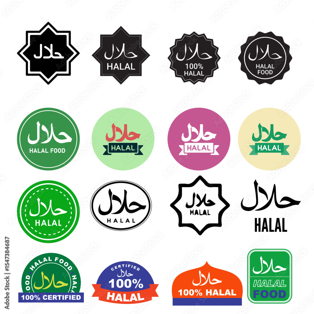 Set of Halal food labels in green tones. Includes certified Halal signs and tags for food packaging and branding.
Set of Halal food labels in green tones. Includes certified Halal signs and tags for food packaging and branding.
