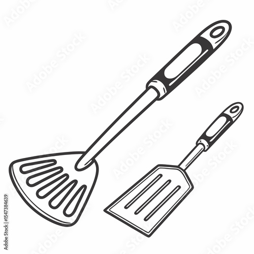Two kitchen spatulas cooking utensils line art