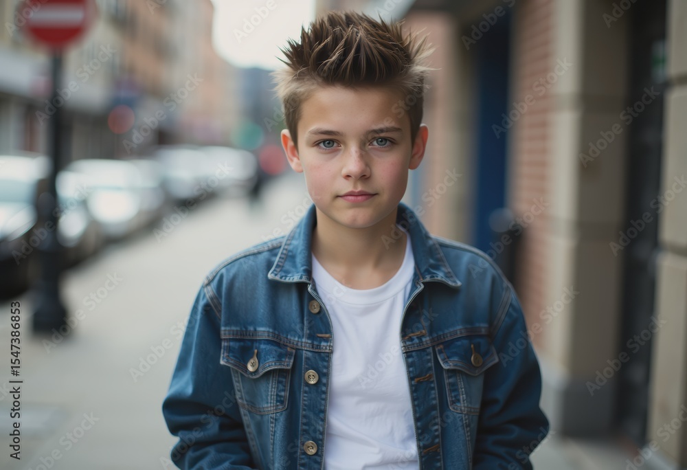 Fototapeta premium Teenage boy with closed lips and a distant gaze, exuding a contemplative mood