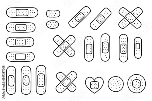 Set of doodle style bandage icons. Bandage for treating minor skin cuts, post-surgical stitches, skin damage and wounds. Vector illustration