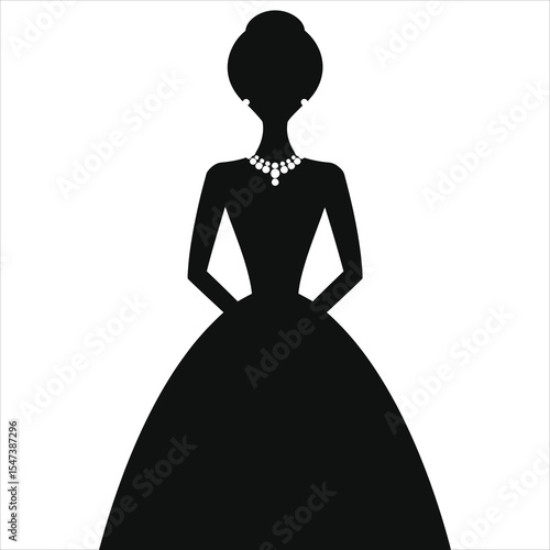 (Princess-length necklace)Elegant Silhouette of a Lady in a Ball Gown with Pearls/A stylish, black silhouette of a woman wearing a full-length ball gown and pearl jewelry against a white background