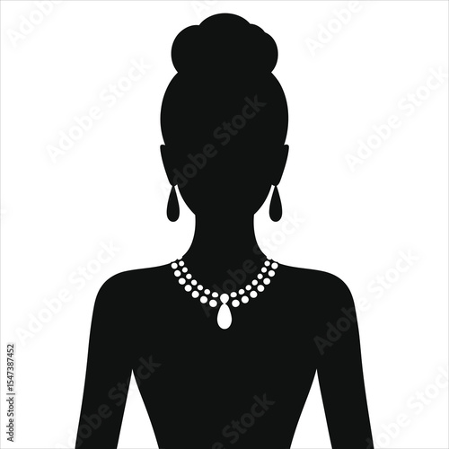 ( Princess-length necklace)Elegant woman silhouette with pearl necklace and earrings/A sophisticated black and white silhouette of a woman wearing a pearl necklace and earrings.