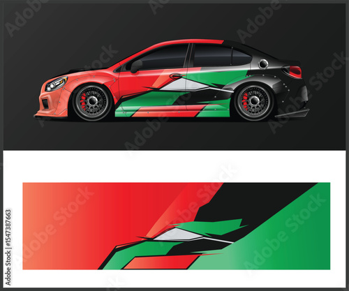 Sport Car Wrap Design with Red Green and Black Graphics