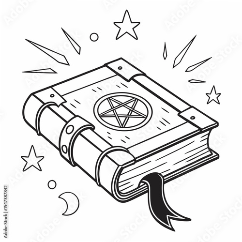 Mystical grimoire book pentagram stars isolated