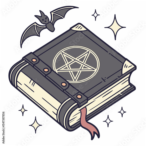 Mystical grimoire book pentagram bat design element