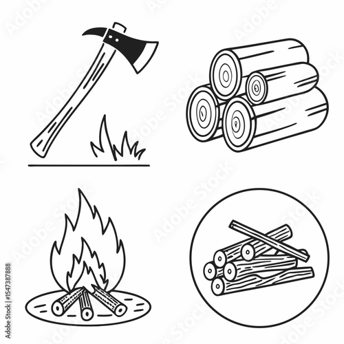 Hand drawn lumberjack axe firewood campfire