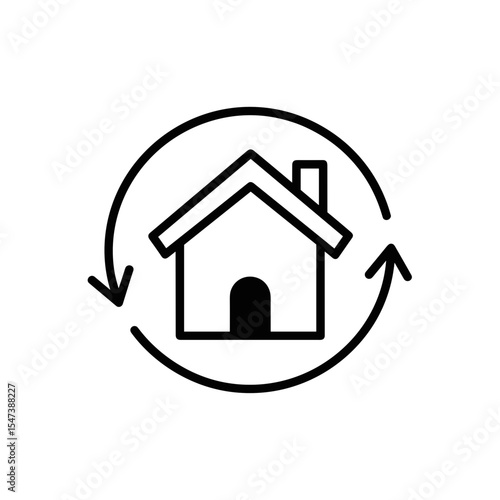 Black house renovation line icon, simple home improvement with arrow flat design symbol vector for app, logo, ads, web, interface, button, isolated on white background