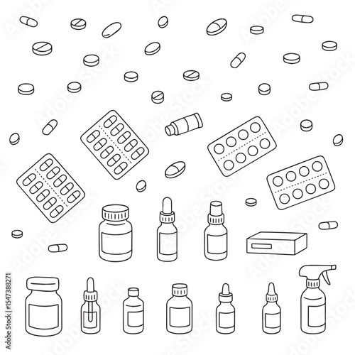 Pharmaceutical components and capsules in container with medicine symbols in simple line style. Pills, drugs, capsules, bottles in doodle style. Vector
