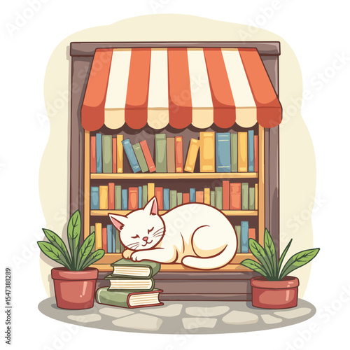Cute white cat sleeping peacefully on books in cozy bookstore window. Bookstore cat curled up on stack of books under striped awning. Adorable bookstore scene perfect for Book Lovers Day promotions.