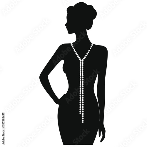 ( Y-shaped necklace)Elegant Silhouette of a Woman Wearing a Pearl Necklace/A sophisticated silhouette of a woman, highlighting a long pearl necklace.