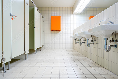 A Clean and Modern Public Restroom Interior with White Tile and Stainless Steel Fixtures Showcasing Hygiene and Functionality in a Commercial Setting for Public Use