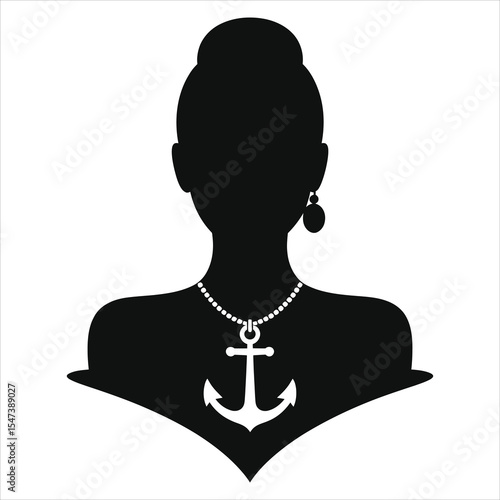 Stylish Silhouette of a Woman with an Anchor Necklace/A clean, bold silhouette of a woman, perfect for fashion, jewelry, or nautical-themed projects.