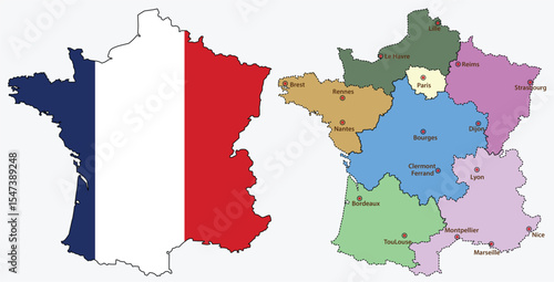 French Map Illustration, Tricolor Flag and Administrative Regions with Main Cities, Map of France with National Flag and Regional Division with Major Cities