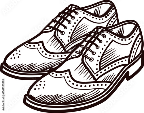 Classic brogue leather dress shoes, side by side, detailed vintage engraving, formal footwear illustration