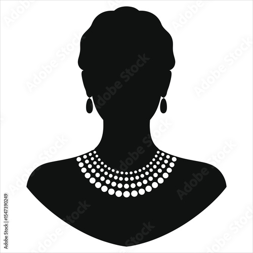 (Collar necklace)Elegant Silhouette of a Woman Wearing Pearls/A striking black and white silhouette of a woman wearing a pearl necklace and earrings.