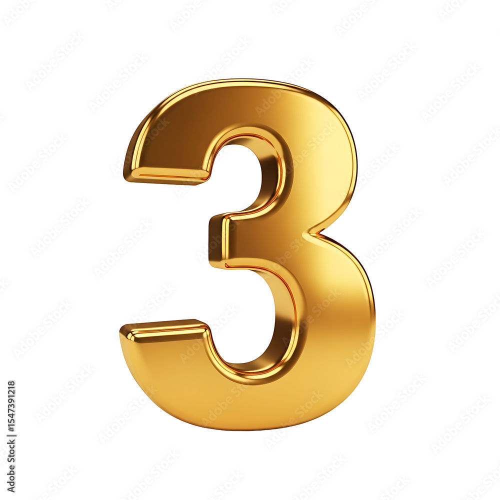 Fototapeta premium A shiny, golden, three-dimensional number three on a white background.