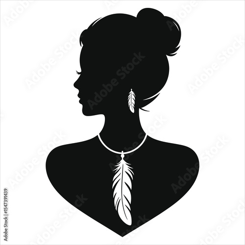 ( Feather pendant) Elegant Profile Silhouette of a Woman with Feather Jewelry/A stylish black and white silhouette of a woman's profile, showcasing a sophisticated bun hairstyle and feather-adorned je
