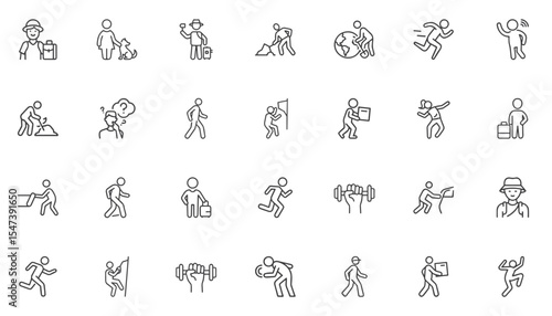 People and activities icon set for apps, infographics, health promotion, sports events, active lifestyle blogs, fitness and wellness presentations