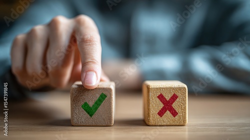 Person Placing Green Checkmark on Wooden Block Symbolizing Approval and Success in Decision Making and Positive Reinforcement in Everyday Life