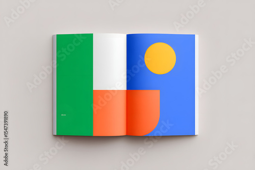 Open book with bold geometric color blocks on orange and blue background. Minimal design, modern visual communication and flat design trend concept. Free Download Open book with bold geometric color blocks on orange and blue background. Minimal design, modern visual communication and flat design trend concept. - GFXLoad