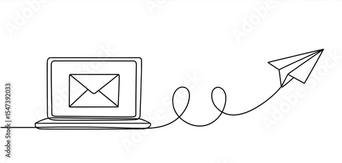 Laptop Sending Email Paper Airplane One Line Art