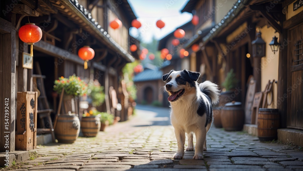 Obraz premium A joyful dog stands in a charming village street adorned with red lanterns and traditional wooden structures