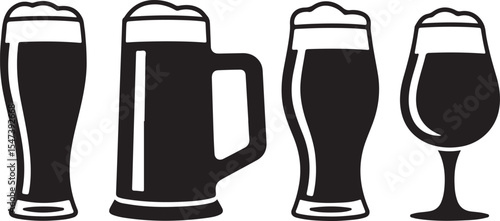 Beer Glass Collection Vector Art Black and White Silhouette Style Drinkware