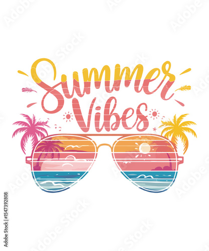 Summer Vibes Beach Sunset T-shirt Design with Sunglasses and Palm Trees Illustration.