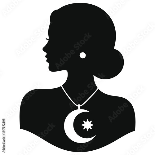 ( Moon and star pendant)Vector silhouette of a woman with celestial necklace/A striking black and white silhouette of a woman's profile, set against a plain white background.