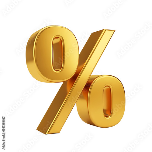 Gold percentage symbol, 3D render, isolated on white background.