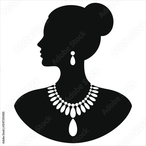 (Opera-length necklace)Elegant Woman Silhouette with Jewelry/A sophisticated profile silhouette of a woman, showcasing a classic updo hairstyle and a detailed pearl necklace.