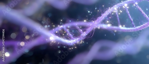Glowing DNA strand with purple and blue light effects on dark background, genetic research concept with sparkling particles and bokeh elements.