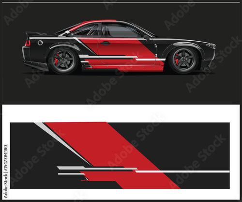 Sleek Black Sports Car with Red and White Racing Stripe Design