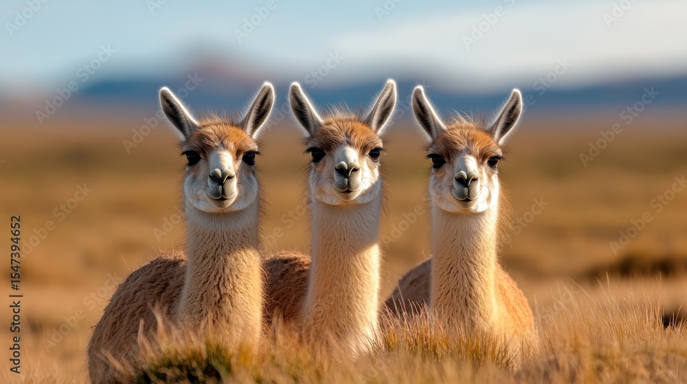 Obraz premium A charming trio of llamas stands together in a beautiful landscape, exhibiting their adorable expressions against a backdrop of rolling hills and open fields.