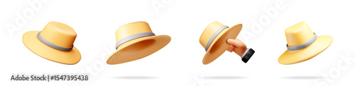 Collection of 3d vector detective hat illustrations floating in the air. Investigation, mystery, and espionage concept for digital marketing and web design.